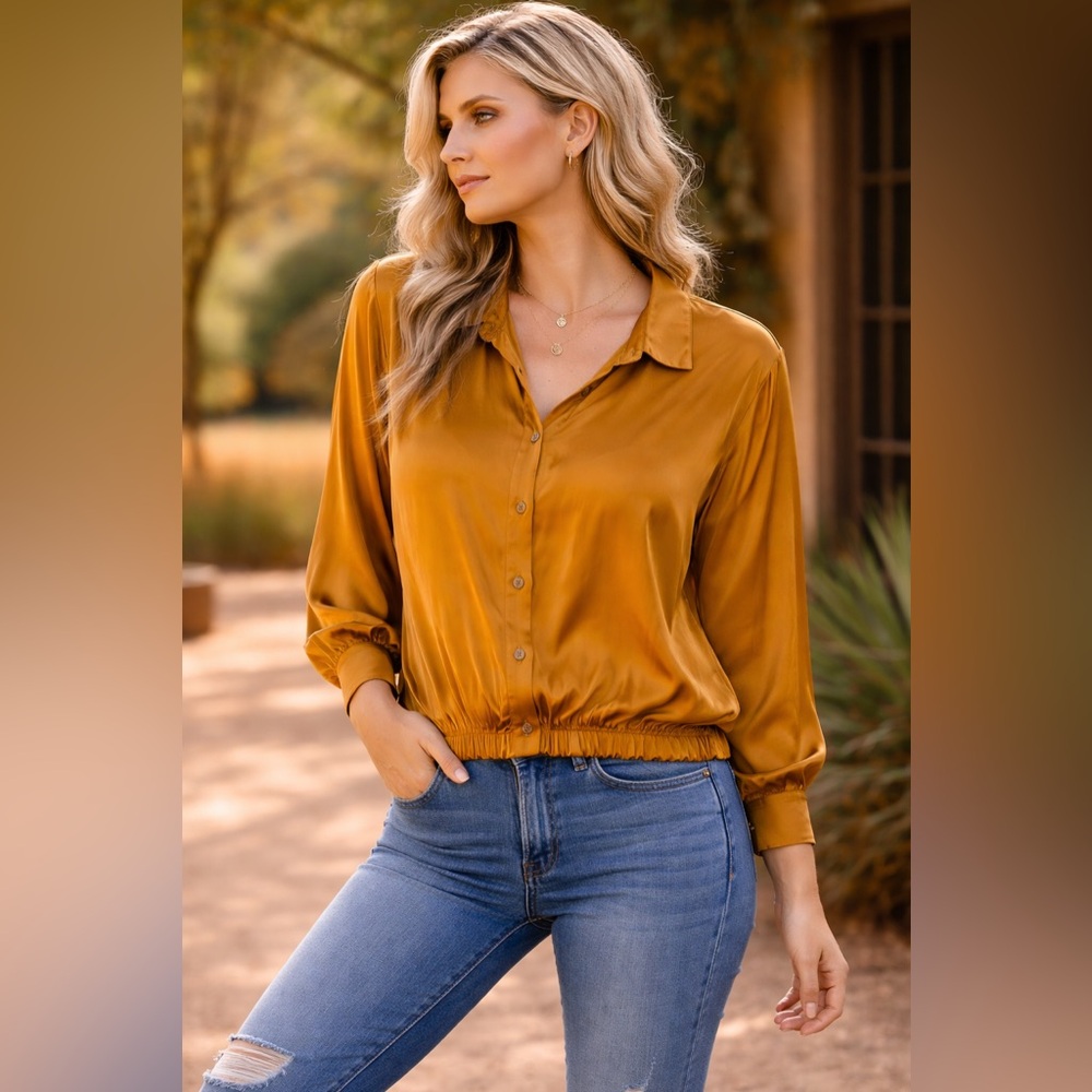 Stark X Satin Blouse Mustard Gold Cropped Hi Low Silky Top